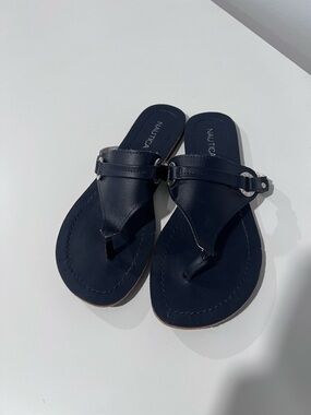 Nautica Women's Navy Leather Thong Sandals with Silver Accents